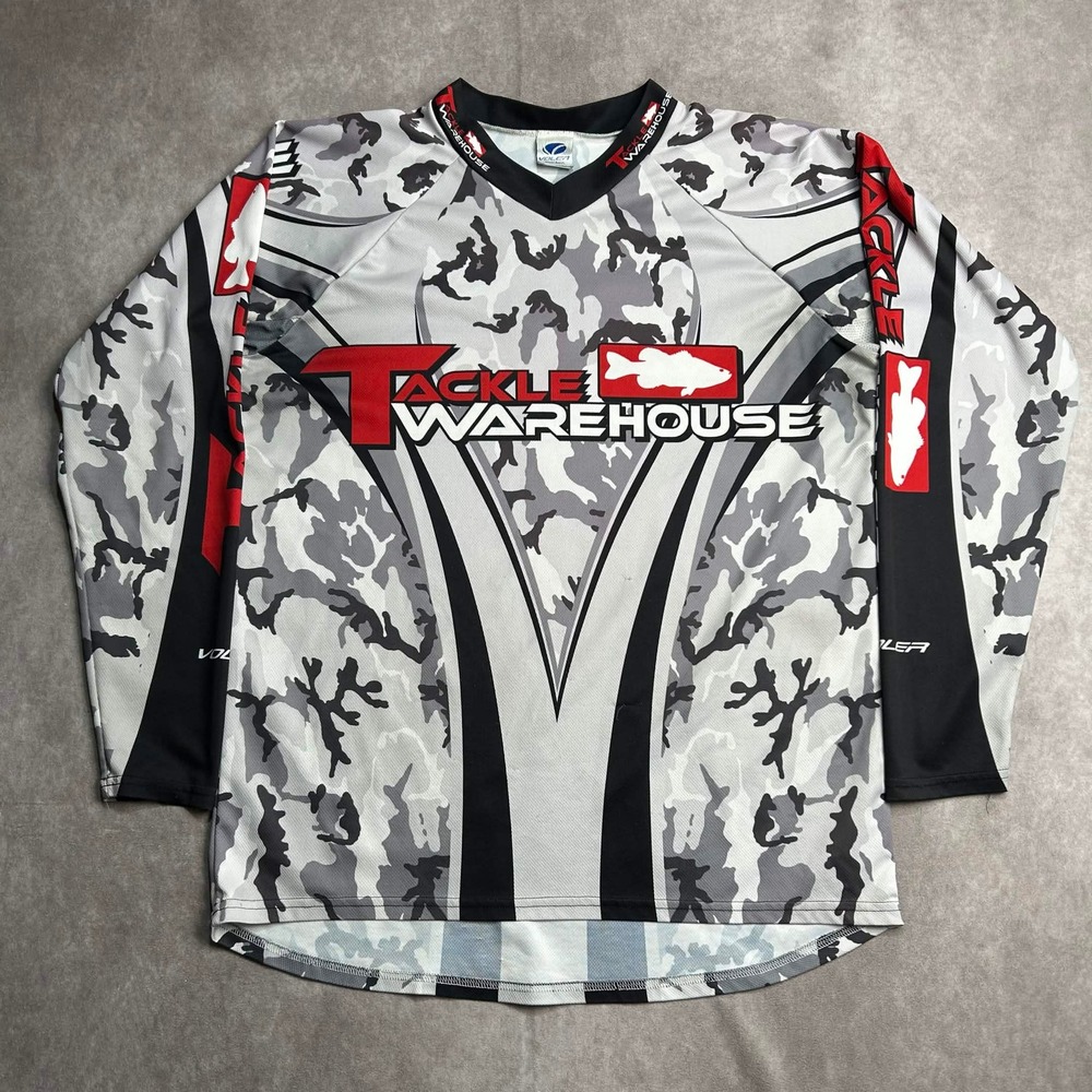 Voler Tackle Warehouse Fishing Jersey Mens Large Gray White Camo Long Sleeve USA